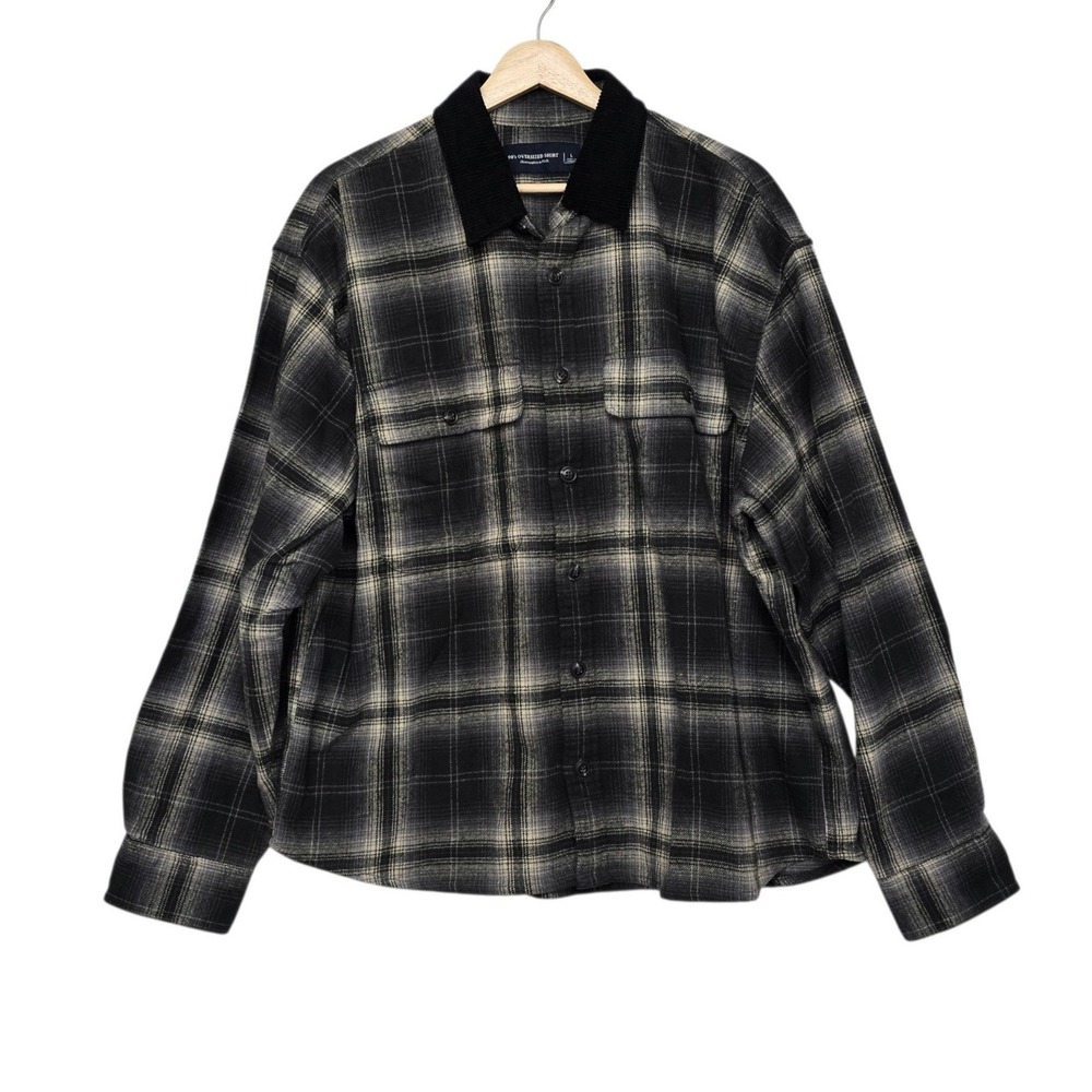 Abercrombie & Fitch 90s Oversized Plaid Flannel Shirt Corduroy Collar Black Lrg